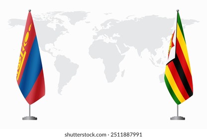 Mongolia and Zimbabwe flags for official meeting against background of world map.