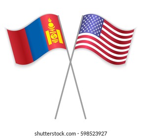Mongolian and American crossed flags. Mongolia combined with United States of America isolated on white. Language learning, international business or travel concept.
