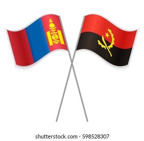 Mongolian and Angolan crossed flags. Mongolia combined with Angola isolated on white. Language learning, international business or travel concept.