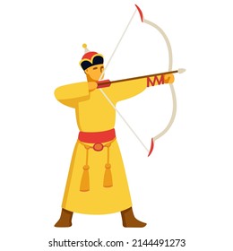 Mongolian Archer For Traditional Naadam Festival. Mongol Man In Traditional Costume (Deel) Drawing A Bow. Vector Clip Art Illustration.