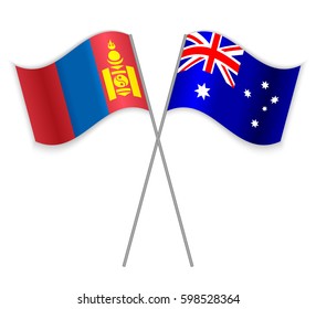 Mongolian and Australian crossed flags. Mongolia combined with Australia isolated on white. Language learning, international business or travel concept.