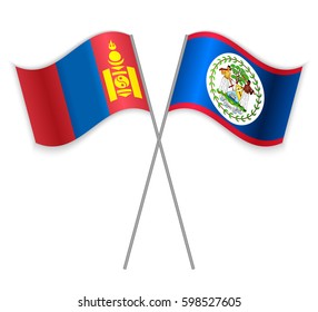 Mongolian and Belizean crossed flags. Mongolia combined with Belize isolated on white. Language learning, international business or travel concept.