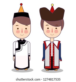 Mongolian boy and girl in national costume and hat. Cartoon children in traditional dress. Vector illustration flat.