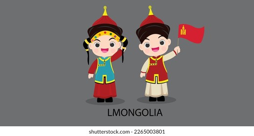 Mongolian boy and girl in  national costume and hat. Card banner template, Mongolian ornament.