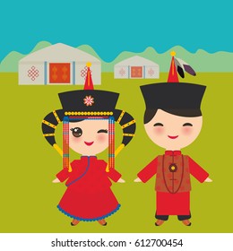 Mongolian boy and girl in red national costume and hat. Cartoon children in traditional dress. Landscape steppe, mountains, sky, home yurt. Vector illustration