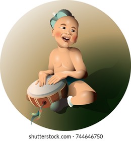 Mongolian boy playing the drum.