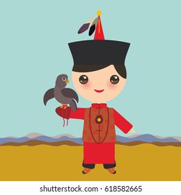 Mongolian boy in red national costume and hat. Cartoon children in traditional dress. Hunter, hunting with an eagle. Landscape steppe, mountains, sky. Vector