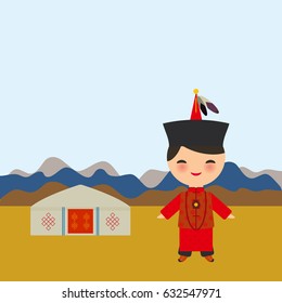 Mongolian boy in red national costume and hat. Cartoon children in traditional dress. Landscape steppe, mountains, sky, home yurt. Vector