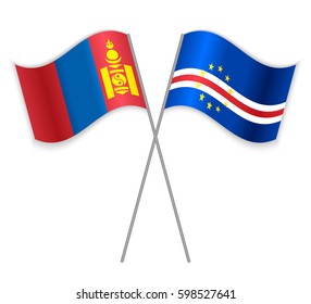 Mongolian and Cabo Verdean crossed flags. Mongolia combined with Cape Verde isolated on white. Language learning, international business or travel concept.