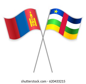 Mongolian and Central African crossed flags. Mongolia combined with Central African Republic isolated on white. Language learning, international business or travel concept.