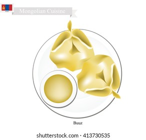 Mongolian Cuisine, Buuz or Dumpling Made of Dough Stuffed with Minced Meat. One of The Most Popular Dish of Mongolia.