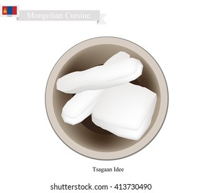 Mongolian Cuisine, Tsagaan Idee or Dried Curd Cheese Made of Fermented Milk. One of The Most Popular Drink in Mongolia.