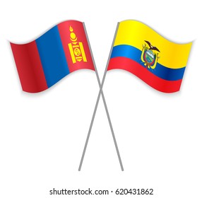 Mongolian and Ecuadorian crossed flags. Mongolia combined with Ecuador isolated on white. Language learning, international business or travel concept.