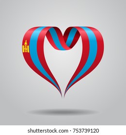 Mongolian flag heart-shaped wavy ribbon. Vector illustration.