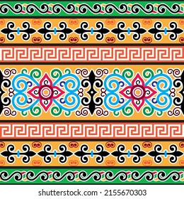 Mongolian folk art seamless vector pattern with flowers and swirls, traditional textile or fabric print colorful design. Repetitive wallpaper background inspired by oriental art from Mongolia 