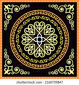 Mongolian folk art vector design with mandala, flower, and swirls, traditional oriental style background.
Traditional Mongolian retro ornament, square decoration with frame and corners in gold