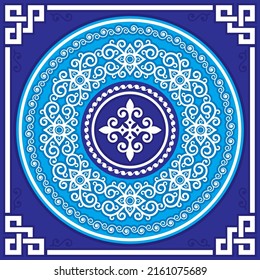 Mongolian folk art vector design with mandala with swirls and celtic frame, traditional oriental style background. Traditional Mongolian ornament, square decoration with geometric corners 