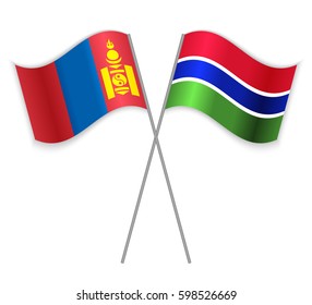 Mongolian and Gambian crossed flags. Mongolia combined with Gambia isolated on white. Language learning, international business or travel concept.