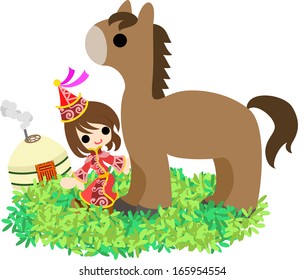 The Mongolian girl who walks the steppe with a horse.