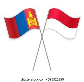 Mongolian and Indonesian crossed flags. Mongolia combined with Indonesia isolated on white. Language learning, international business or travel concept.