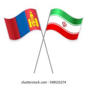 Mongolian and Iranian crossed flags. Mongolia combined with Iran isolated on white. Language learning, international business or travel concept.