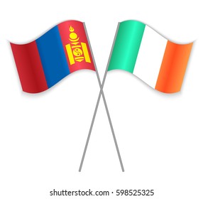 Mongolian and Irish crossed flags. Mongolia combined with Ireland isolated on white. Language learning, international business or travel concept.