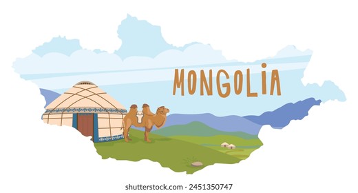 Mongolische Landschaft. Eine Jurte vor dem Hintergrund der Berge, ein Hauskamel neben einer traditionellen nomadischen Wohnung. Grüne Weiden, Vektorillustration für Reiseplakat. Flacher Stil. Landkarte der Mongolei