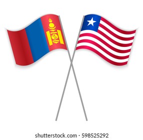 Mongolian and Liberian crossed flags. Mongolia combined with Liberia isolated on white. Language learning, international business or travel concept.