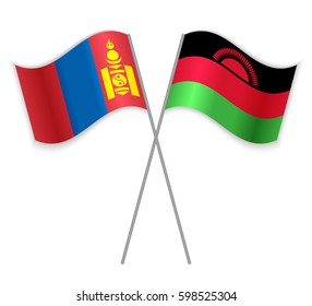 Mongolian and Malawian crossed flags. Mongolia combined with Malawi isolated on white. Language learning, international business or travel concept.