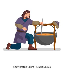 Mongolian man is cooking stew in a massive pot, cartoon style