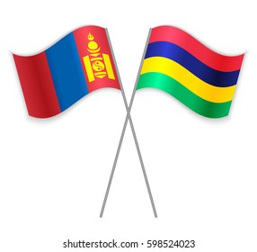 Mongolian and Mauritian crossed flags. Mongolia combined with Mauritius isolated on white. Language learning, international business or travel concept.
