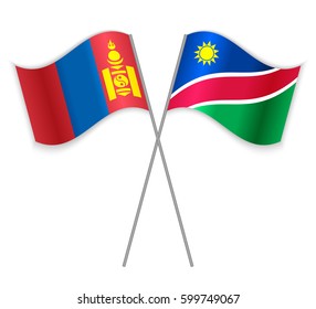 Mongolian and Namibian crossed flags. Mongolia combined with Namibia isolated on white. Language learning, international business or travel concept.