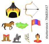 Mongolian national characteristics. Icons set about Mongolia.Clothing, soldiers, equipment. Mongolia icon in set collection on cartoon style vector symbol stock illustration.