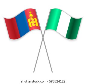 Mongolian and Nigerian crossed flags. Mongolia combined with Nigeria isolated on white. Language learning, international business or travel concept.