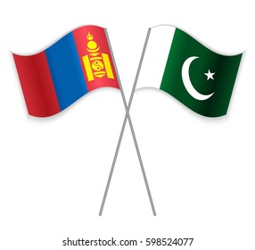 Mongolian and Pakistani crossed flags. Mongolia combined with Pakistan isolated on white. Language learning, international business or travel concept.