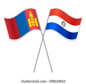 Mongolian and Paraguayan crossed flags. Mongolia combined with Paraguay isolated on white. Language learning, international business or travel concept.