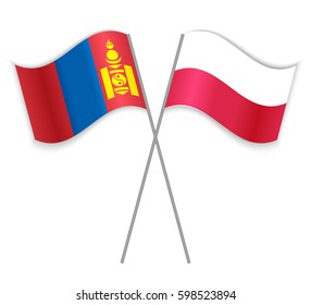 Mongolian and Polish crossed flags. Mongolia combined with Poland isolated on white. Language learning, international business or travel concept.