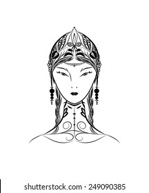 Mongolian queen face, woman pattern face, Mongolian, goddess on white background