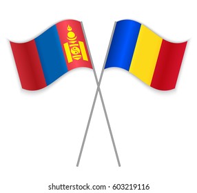 Mongolian and Romanian crossed flags. Mongolia combined with Romania isolated on white. Language learning, international business or travel concept.