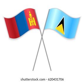 Mongolian and Saint Lucian crossed flags. Mongolia combined with Saint Lucia isolated on white. Language learning, international business or travel concept.