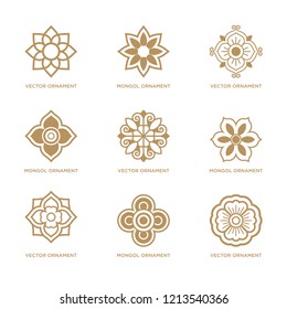 Mongolian Traditional Art Pattern (Set of oriental flower shape, icons, signs and logo design, symbols in vector format) Vector Illustration