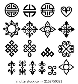 Mongolian traditional vector design elements set with symbols, flowers, and geometric or celtic shapes, oriental folk art style patterns collection. 

Black and white icons with traditional decoration