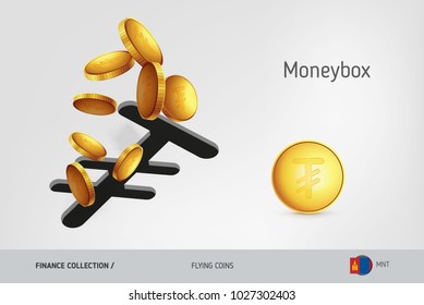 Mongolian Tughrik money box with flying Mongolian Tughrik coins, finance concept. Vector illustration for print, websites, web design, mobile app, infographics.