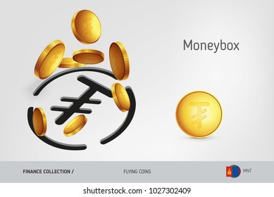 Mongolian Tughrik money box with flying Mongolian Tughrik coins, finance concept.Vector illustration for print, websites, web design, mobile app, infographics.