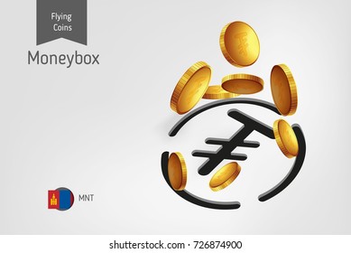 Mongolian Tughrik money box with flying Mongolian Tughrik coins, finance concept.Vector illustration for print, websites, web design, mobile app, infographics.