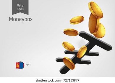 Mongolian Tughrik money box with flying Mongolian Tughrik coins, finance concept. Vector illustration for print, websites, web design, mobile app, infographics.