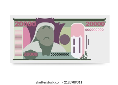 Mongolian Tugrik Vector Illustration. Mongolia money set bundle banknotes. Paper money 20000 MNT. Flat style. Isolated on white background.