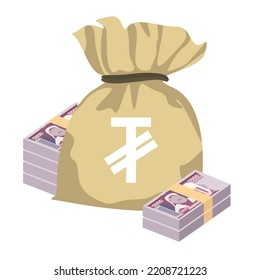 Mongolian Tugrik Vector Illustration. Mongolia money set bundle banknotes. Money bag 5000 MNT. Flat style. Isolated on white background. Simple minimal design.