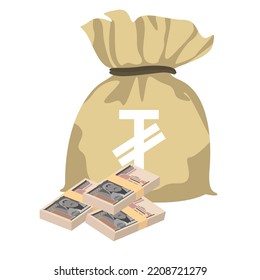 Mongolian Tugrik Vector Illustration. Mongolia money set bundle banknotes. Money bag 10000 MNT. Flat style. Isolated on white background. Simple minimal design.