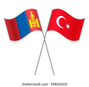 Mongolian and Turkish crossed flags. Mongolia combined with Turkey isolated on white. Language learning, international business or travel concept.